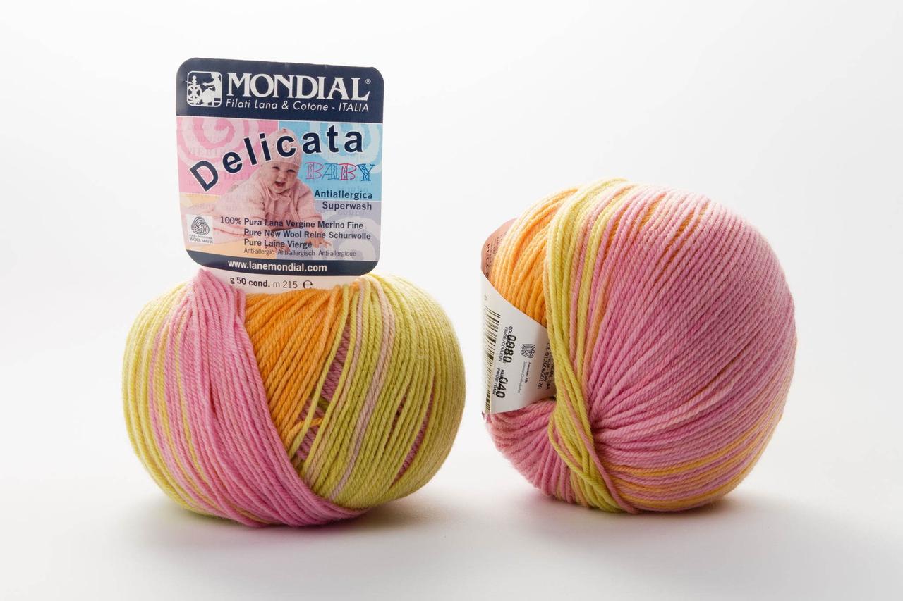 Пряжа Mondial Delicata Baby Color, Color No.0980 жовто-рожевий меланж