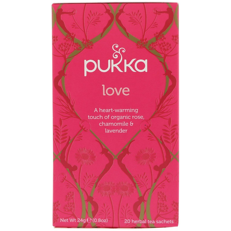 Pukka Herbs, Love, Чай с органической розой, ромашкой и лавандой, без кофеина, 20 пакетиков, 0,8 унции (24 г) - фото 1 - id-p1294011646