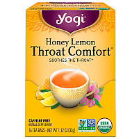 Yogi Tea, Органический, Throat Comfort, со вкусом меда и лимона, без кофеина, 16 чайных пакетиков, 1.12 унций