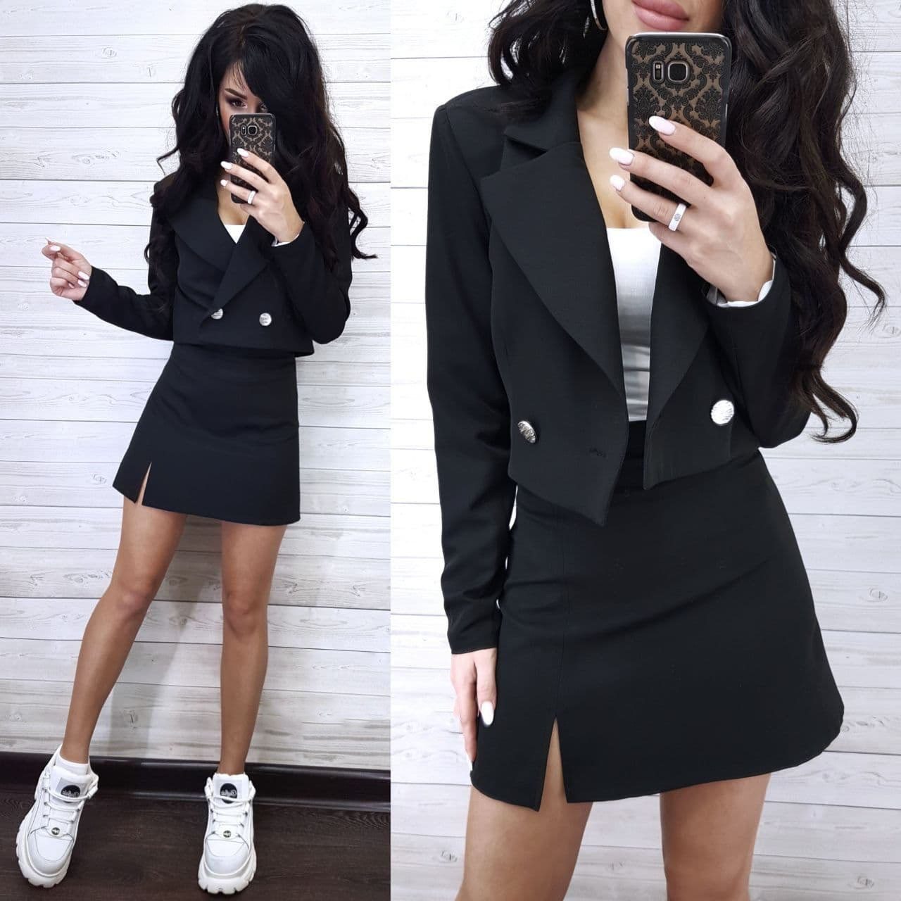 Костюм-спідниця міні з розрізом і піджак на запах