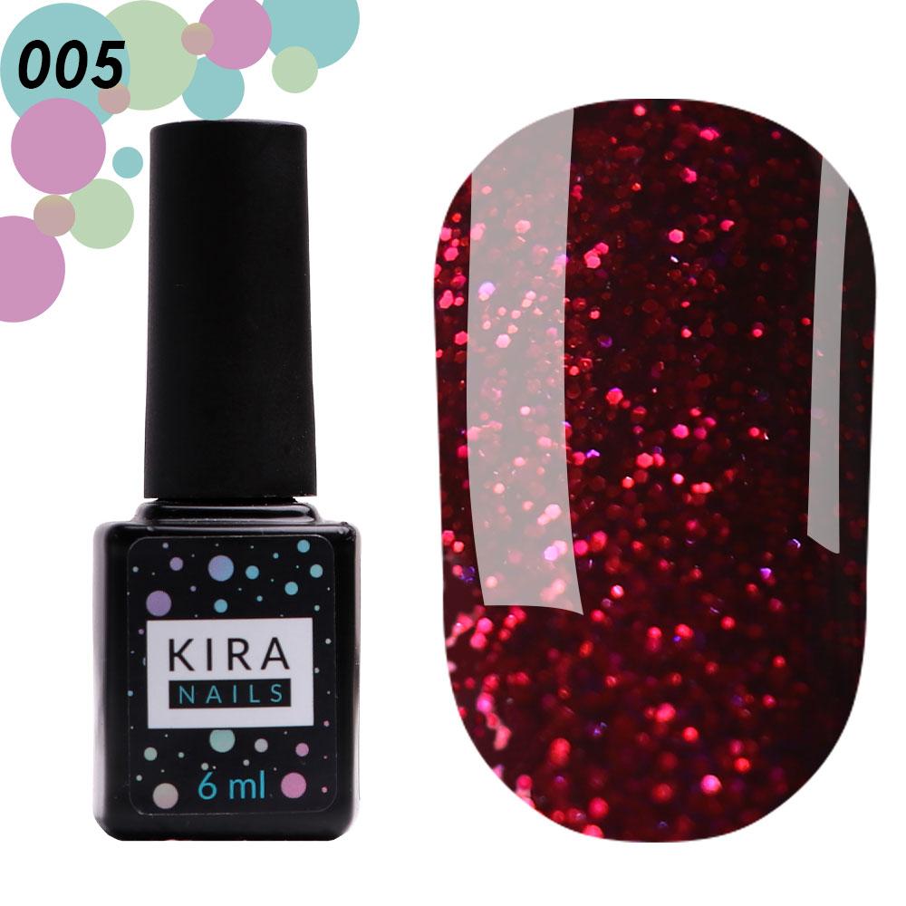 Гель-лак Red Hot Peppers Kira Nails 005, 6 мл (вишневий з малиновими блискітками)