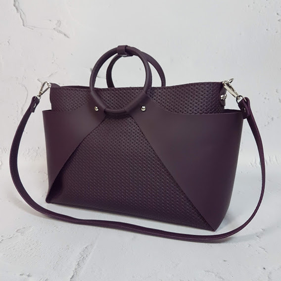 Сумка жіноча "РОНДА" натуральна шкіра, баклажан з плетінкою, фото 1