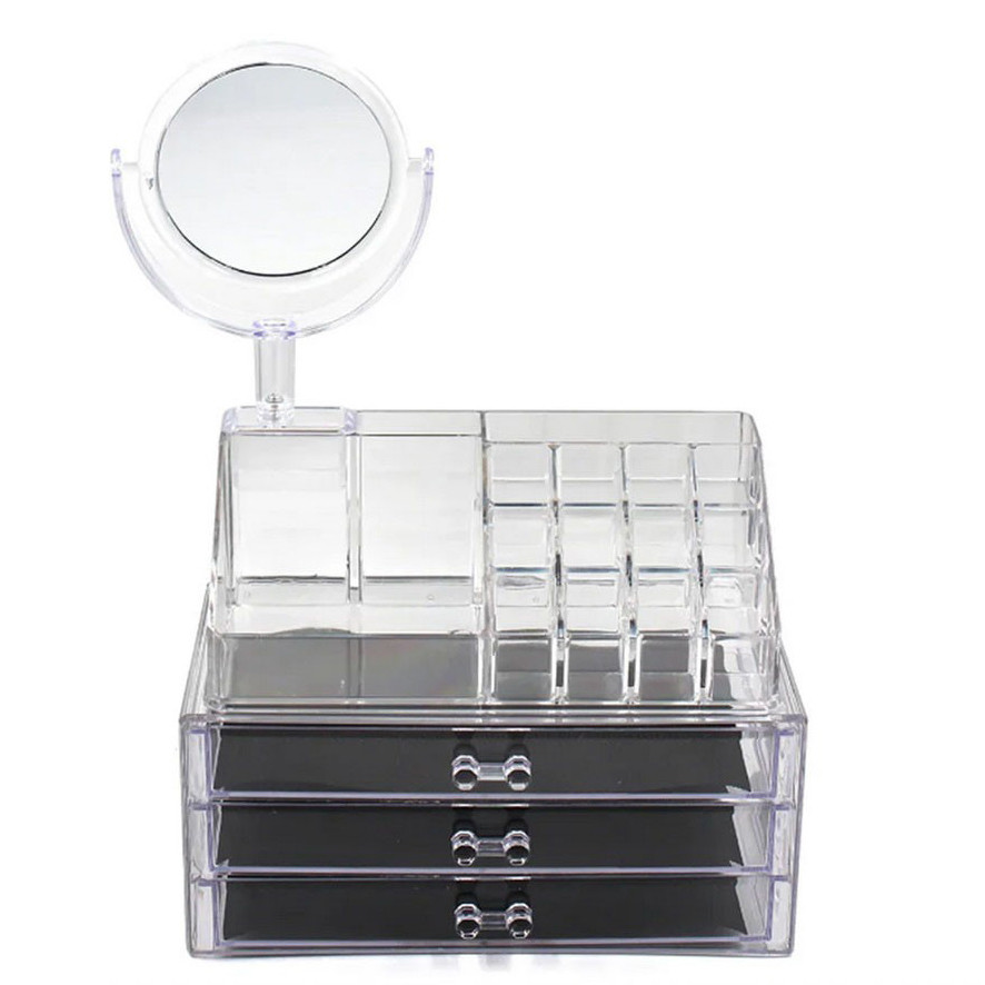 Подставка-органайзер для косметики с зеркалом, JN-878, прозрачный акриловый контейнер-бокс под косметику (TS) - фото 3 - id-p1294169797