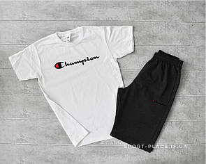 Літній комплект шорти і футболка Champion (біла футболка , темно сірі шорти) великий логотип