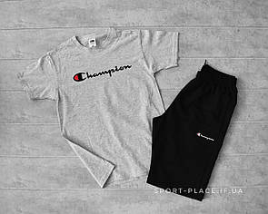 Літній комплект шорти і футболка Champion (сіра футболка , чорні шорти) великий логотип