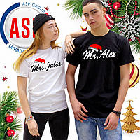 Новогодние футболки для пары 2023 Mr-Mrs черные - белые, печать на заказ любых надписей, логотипов за 1 день