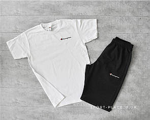 Літній комплект шорти і футболка Champion (біла футболка , темно сірі шорти) маленький логотип