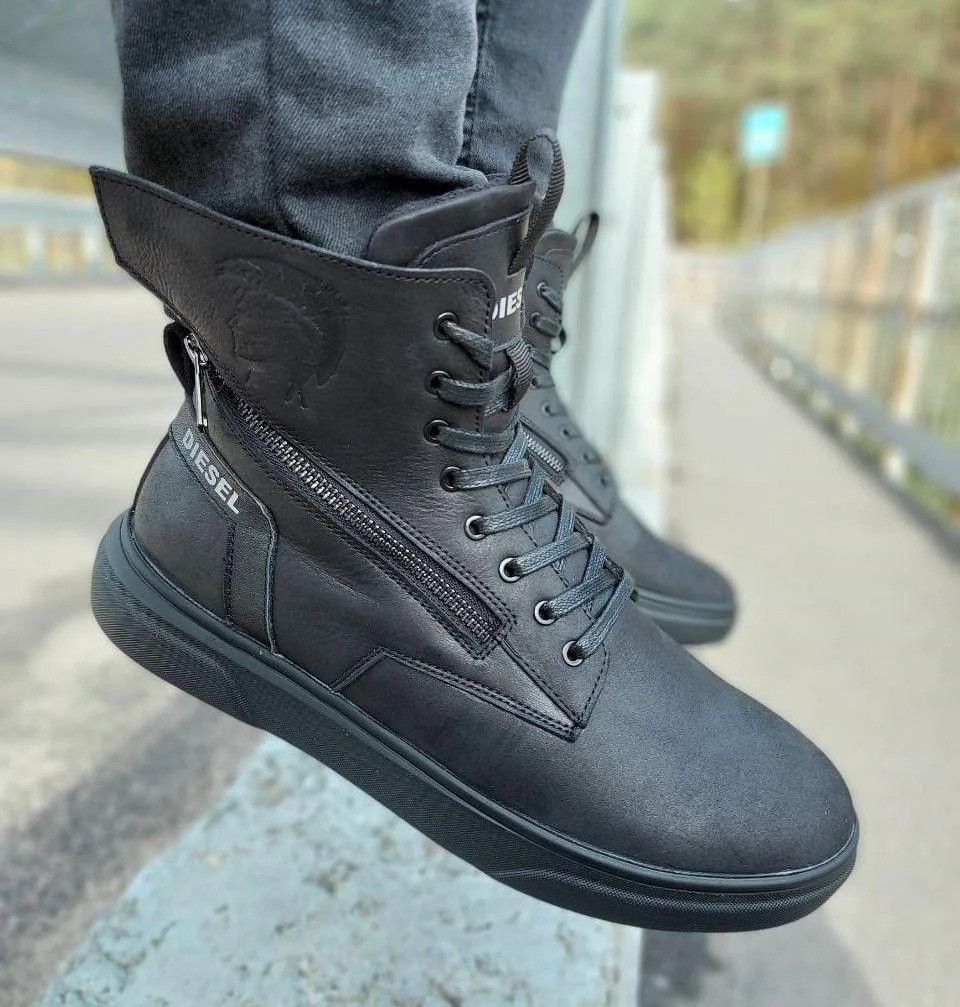 Зимові шкіряні кросівки на хутрі Diesel Black Wing