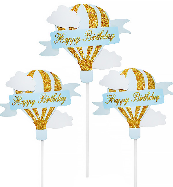 Топперы на Торт "Воздушный Шар" (3 Шт), Цвет - Голубой с Золотыми ...