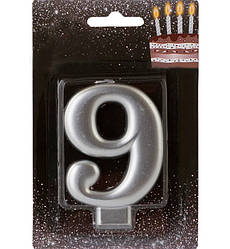 Свічки - цифри в торт "9", висота - 8 см, колір - срібло