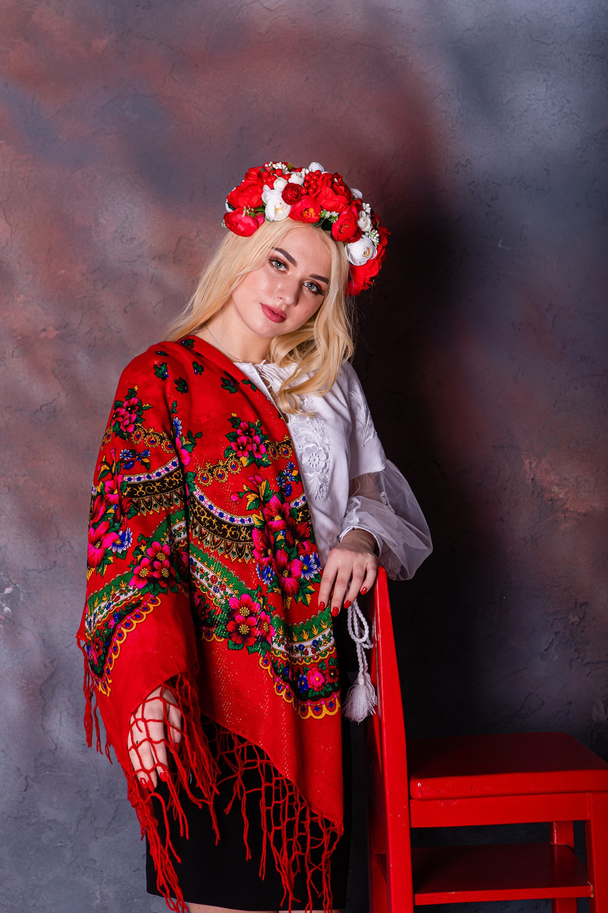 Українська хустка (115×115) червона люрекс, фото 1