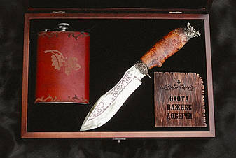 Оригінальний подарунок татові — "Gift box Вепр", з красивим ножем ручної роботи та флягою, фото 1