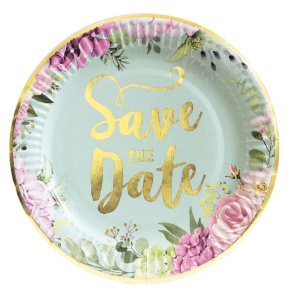 Тарілки святкові паперові одноразові Save the Date із золотом