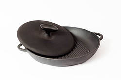 Сковорода гриль чавунна емальована, з пресом. d=260мм, h=40мм, матово-чорна