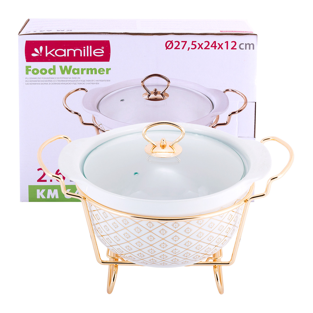 Марміт керамічний круглий 2.6 л Kamille зі скляною кришкою БІЛИЙ з золотом