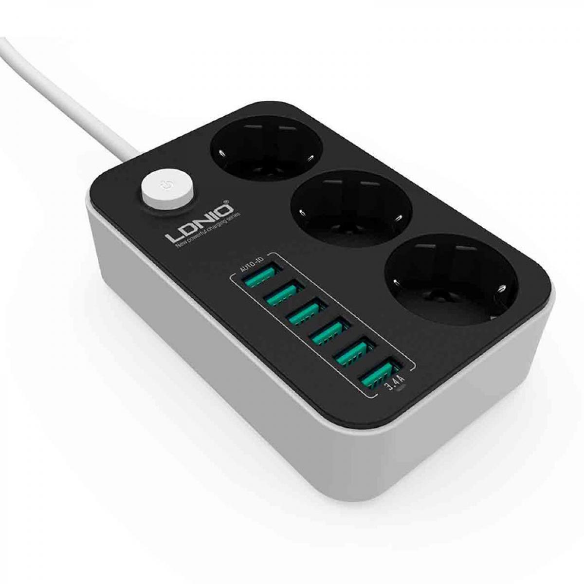Подовжувач мережевий Ldnio SE3631, 6USB, 3 розетки, 1.6 м, чорний