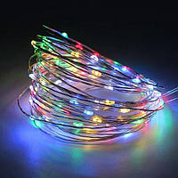 LED гирлянда-нить на батарейках (10 м, 100 LED цветная) светодиодная ЛЕД проволока "роса" (NS)
