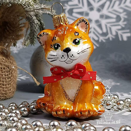 Скляна ялинкова іграшка Рудий кошеня з бантиком ( маленький) Irena, фото 1