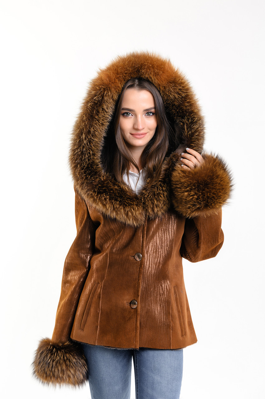 Дублянка жіноча коротка з капюшоном із пишними пісками, фото 1