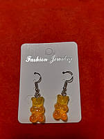Детские сережки желейные мишки, с блетсками, оранжевый+желтый - размер 1,6*1см, смола