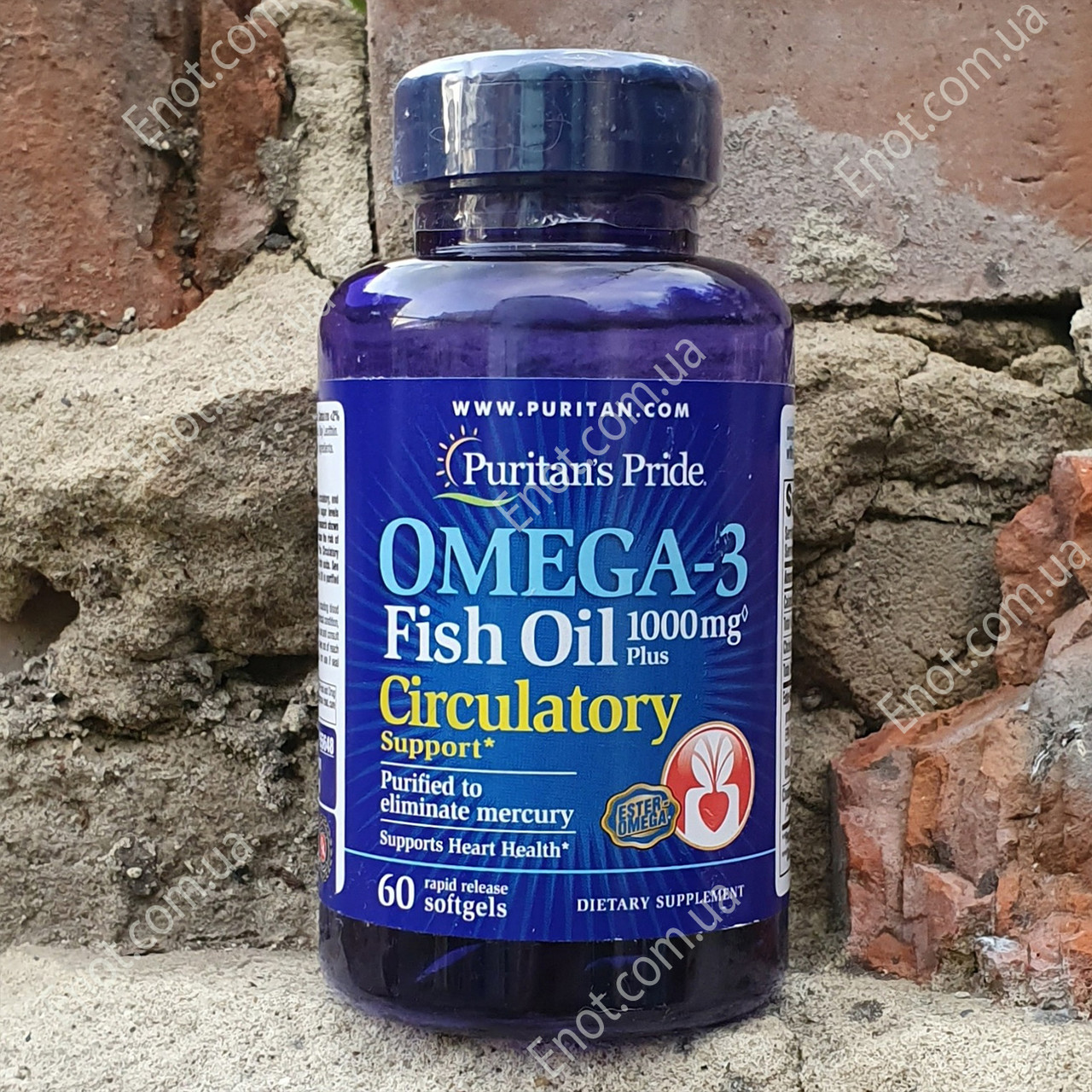 Риб'ячий жир Puritan's Pride Omega-3 Fish Oil 1000 мг + Підтримка кровообігу 60 гелевих капсул, фото 1