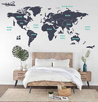 Виниловая наклейка Карта мира с достопримечательностями и самолетами (туризм путешествия) матовая 1380х690 мм