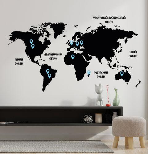 Вінілова наклейка Карта світу з мітками (назви океанів материки планета туризм) матова 1300х735 мм
