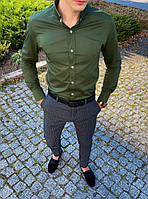 Рубашка с длинным рукавом мужская однотонная хлопковая "Орел" цвет хаки - S, M, L, XL