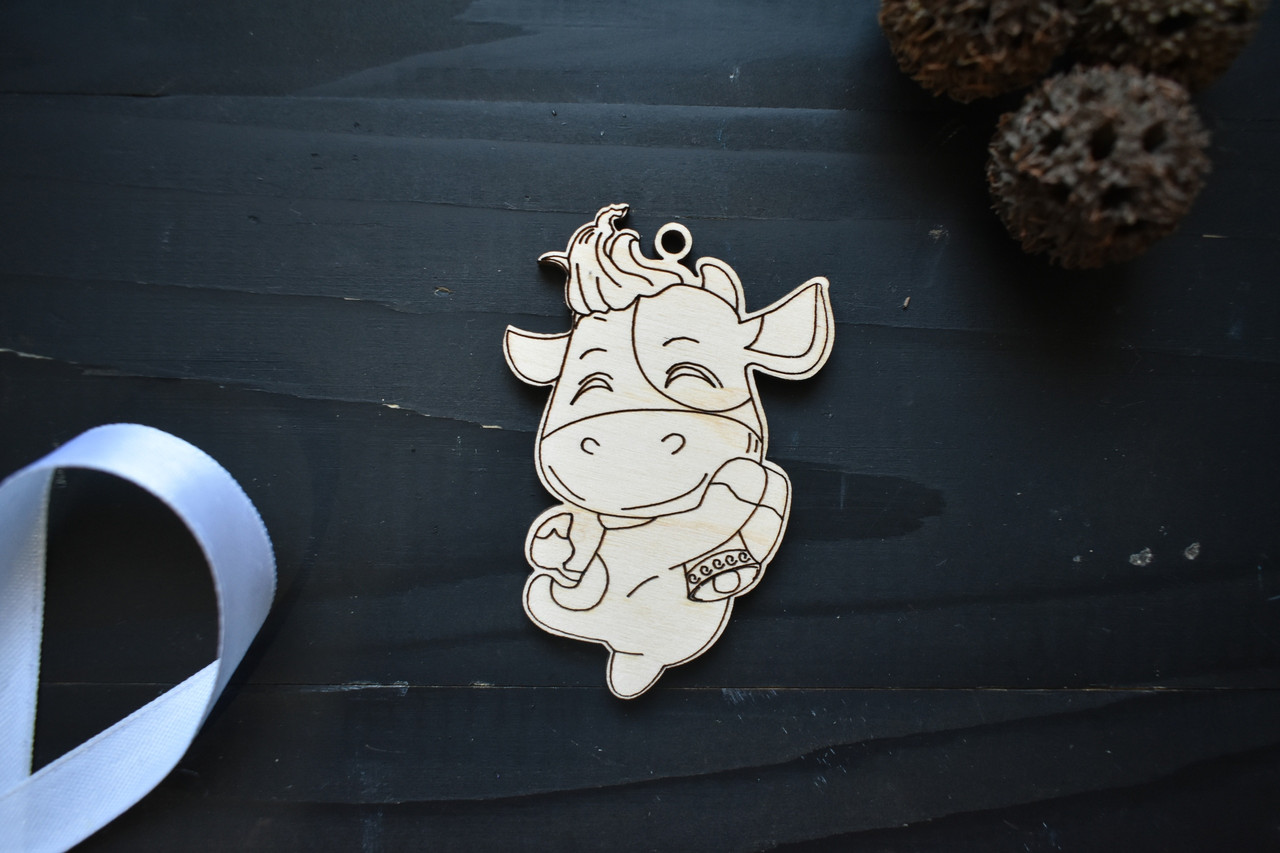 Ялинкові іграшки з дерева, новорічний декор, ЕКО іграшки з гравіюванням, рік бика. Заготівля для декупажу, фото 1