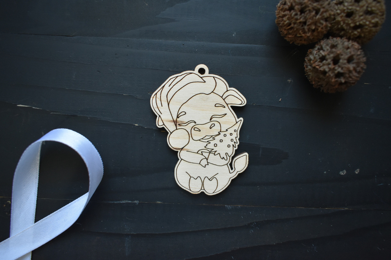 Ялинкові іграшки з дерева, новорічний декор, ЕКО іграшки з гравіюванням, рік бика. Заготівля для декупажу, фото 1