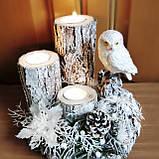 Новорічний свічник на спилі дерева із совою Подарунок на день св. Миколи Новий рік Різдво, фото 3