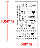 Флеш тату. 11*6 см. Временная, Переводная. Набор, Бриллианты, Надписи, Кресты, Звезды, Музыка, X-228 (S), Ч/Б