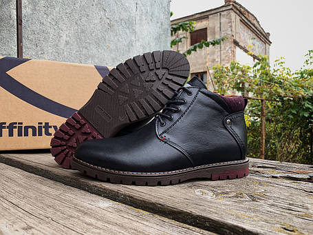 Чоловічі зимові шкіряні черевики Affinity Black/Bordo чорні з бордовими вставками, фото 1