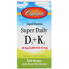 Carlson Labs, Рідкі вітаміни, Super Daily D3+K2, 50 мкг, 0,34 ж. унц. (10,16 мл)