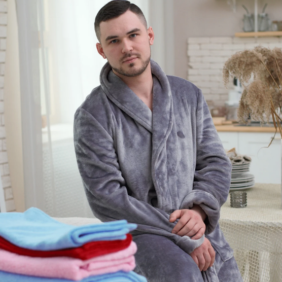 Чоловічий домашній халат з плюшевої махри сірий довгий з коміром