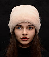 Норковая шапка женская кубанка коса с трикотажем Пудра
