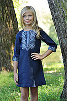 Платье для девочки из синего льна с вышивкой 104
