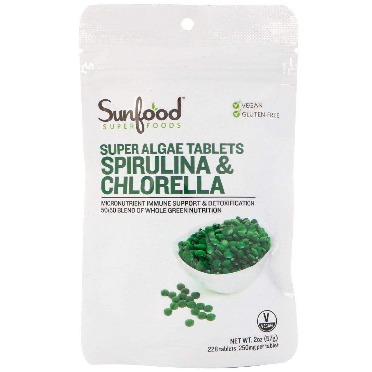 Спіруліна і хлорела, таблетки з суперводорослями, 225 таблеток, Sunfood