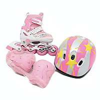 Ролики раздвижные с шлемом и комплектом защиты Happy Sport, розовый: размер 29-33, 34-38, PU колеса