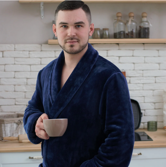 Махровий Халат чоловічий синій з поясом комір