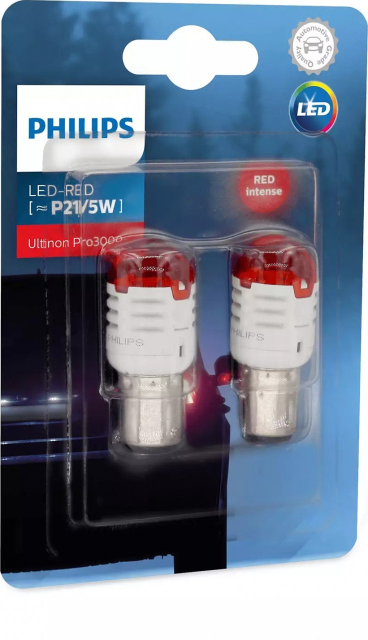 Світлодіодні лед лампи Philips Ultinon Pro3000 P21/5W (BAY15D) сигнальні 12В, червоні ОРИГІНАЛ 11499U30RB2