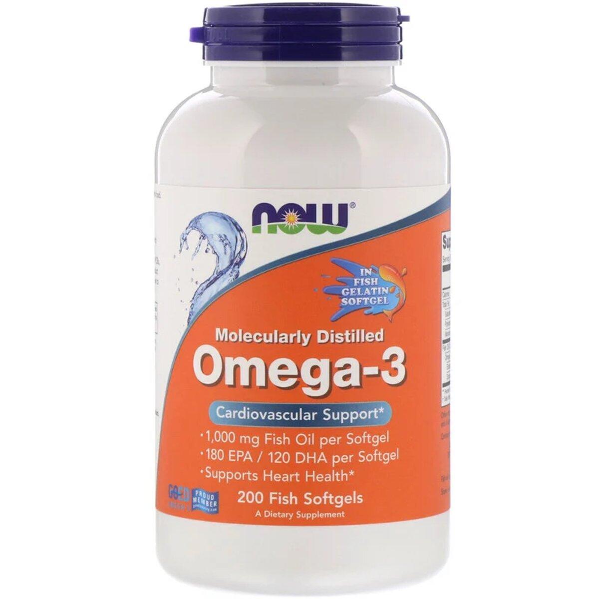 Омега-3 1000 мг, 180 EPA/120 DHA, Molecularly Distilled Omega-3, Now Foods, 200 капсул із риб'ячого желатину