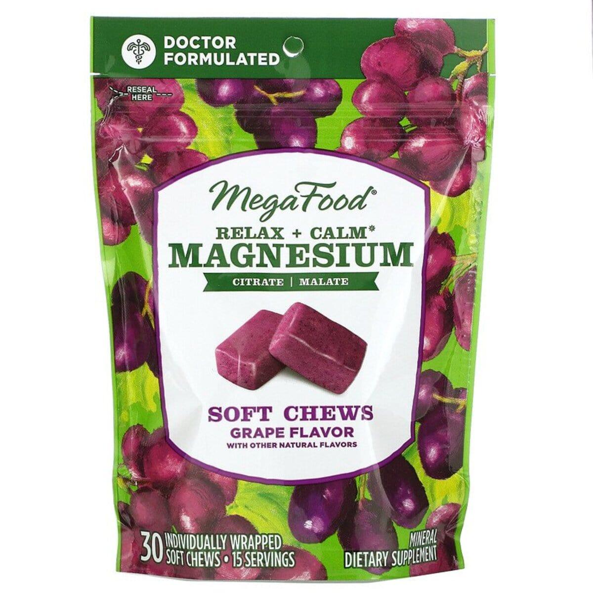 Заспокійливий Магній, смак винограду, Relax + Calm Magnesium Soft Chews, Grape, MegaFood, 30 м'яких