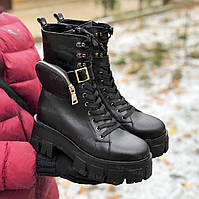 Женские зимние сапоги ботинки берцы кожаные на тракторной подошве протекторе черные белые (код:W-Прада-черный)