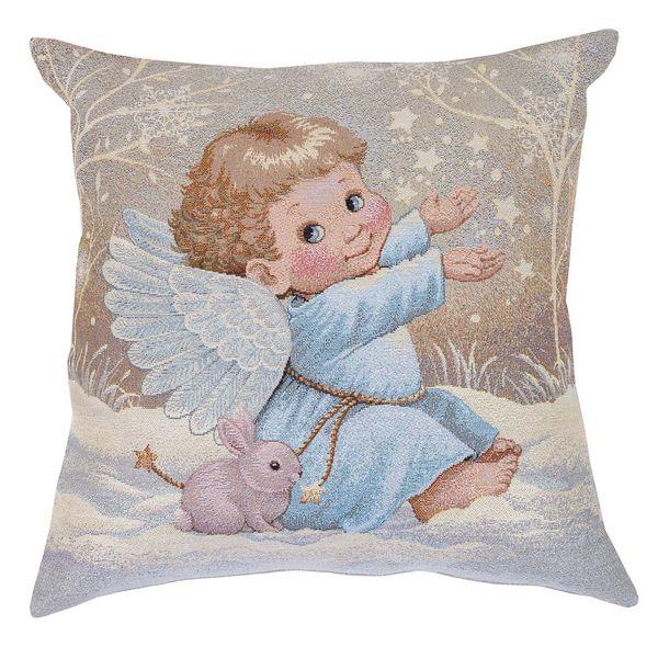 Наволочка декоративна гобеленова одностороння новорічна 45 х 45 см хлопчик ангел ангелок кролики