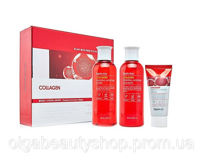 Набор для ухода за кожей с коллагеном FARM STAY Collagen Essential Moisture Skin Care 3 Set - фото 1 - id-p1296531945