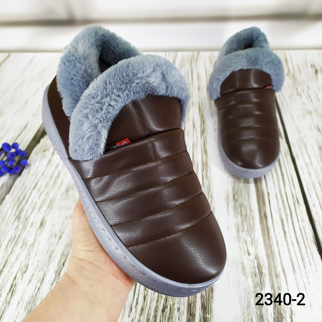 Жіночі теплі капці, закриті, шкіряні із задником., фото 1