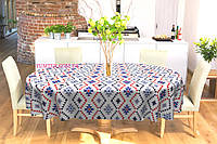 Скатерть овальная хлопок тефлоновая водоотталкивающая гидрофобная пропитка мелкие красные и синие ромбы на бел