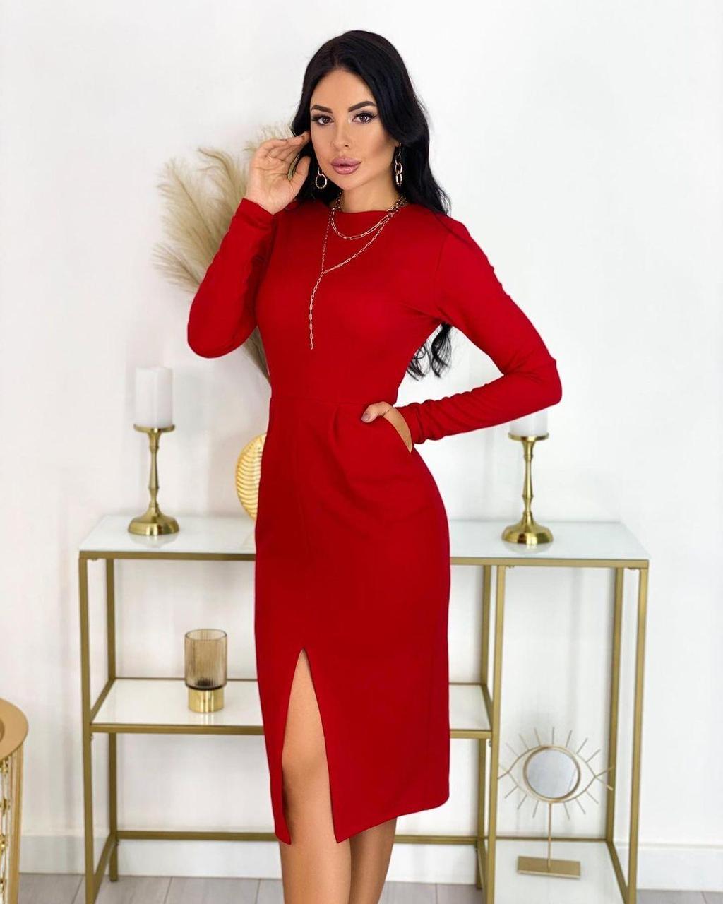 Женское красное платье с разрезом на ноге 36-70 размер - фото 1 - id-p1296695416