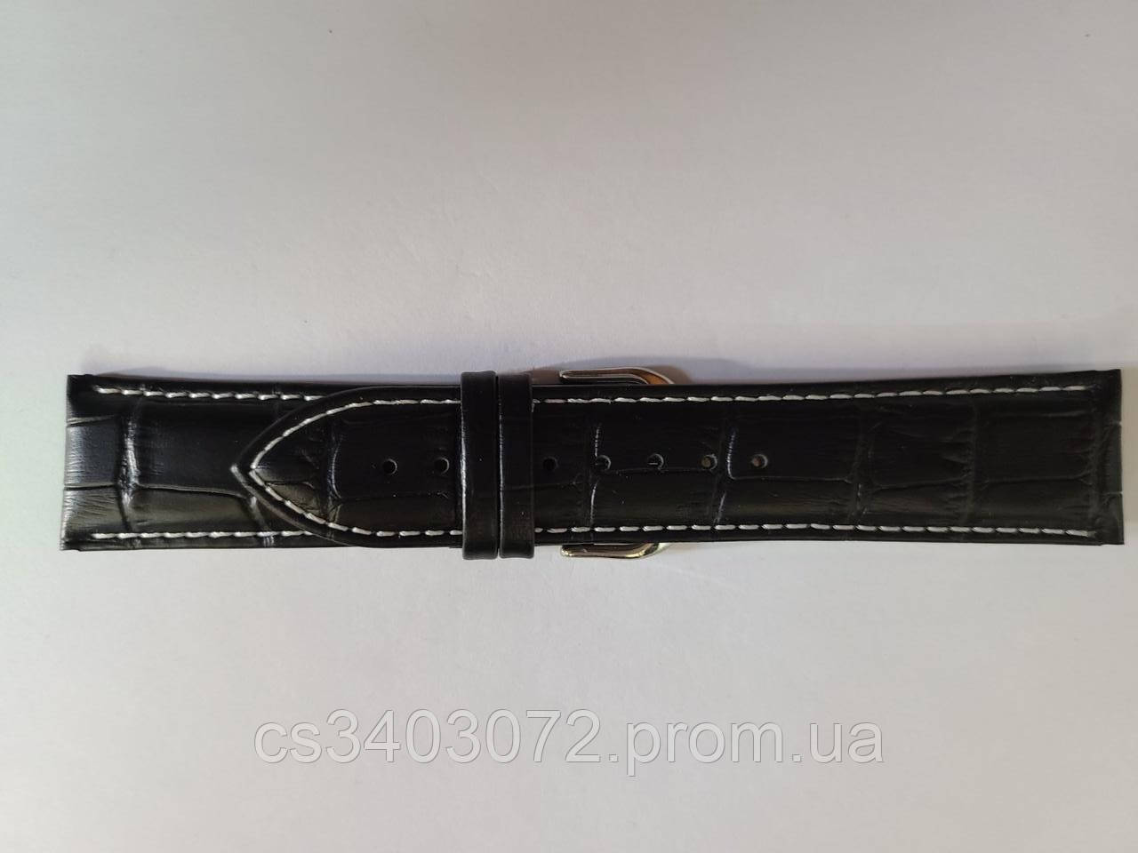 Чорний шкіряний ремінець з білою строчкою з фактурою під крокодила, 24 мм (22мм)